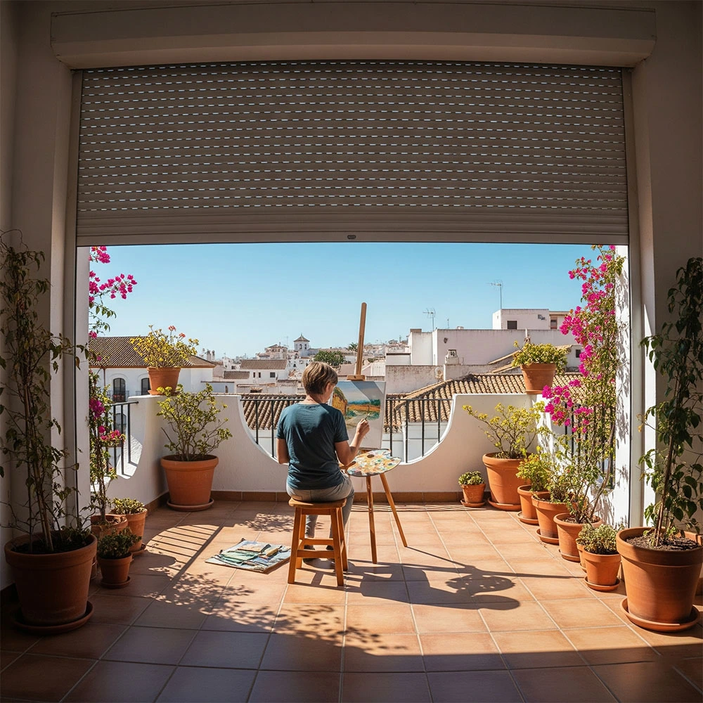 Persianas Sant Josep Barcelona instalación persianas domésticas terraza calidad clientes satisfechos disfrutando hogar confort protección solar aluminio - Contacto persianas Sant Josep
