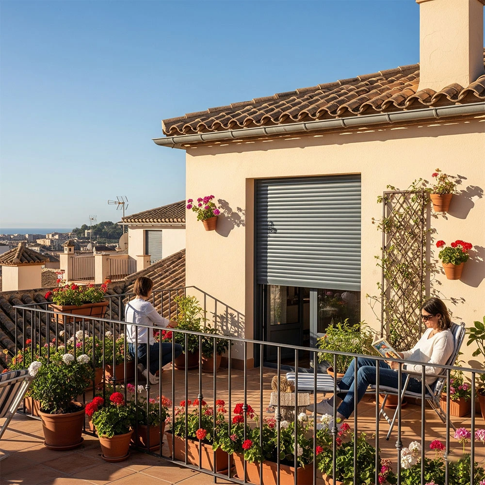 Clientes Persianas Sant Josep Barcelona terraza relajándose persianas enrollables aluminio instalación perfecta protección solar confort doméstico bienestar hogar - Contacto persianas Sant Josep